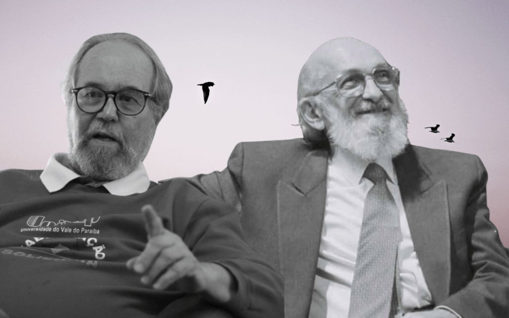 Paulo Freire, a saudade 2 colagem com fotos de Paulo Freire e Carlos Rodrigues Brandão, arte de Claudio Barria com imagens de domínio público na web.